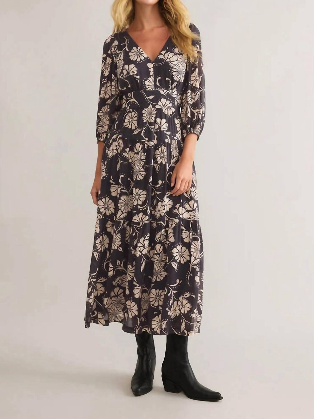 Z Supply ADELINA ARI Black and Cream FLORAL MIDI DRESS size Small